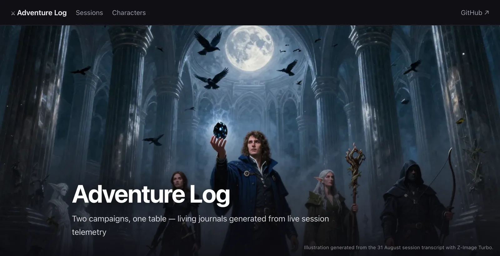 Adventure Log, a D&D campaign journal built from Transcripts' documents: a painted party of four adventurers entering a moonlit fey hall full of crows, under the journal's title