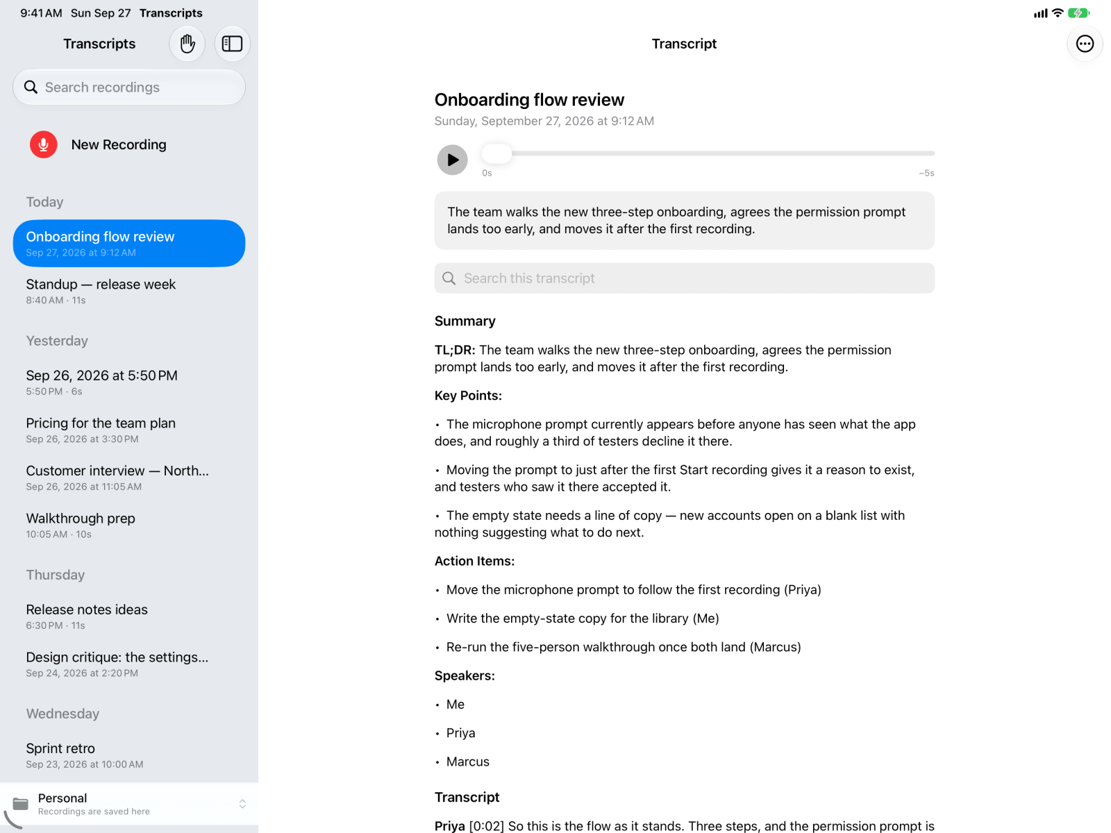 The same meeting on iPad: the library down the side, and the summary, action items and named transcript beside it