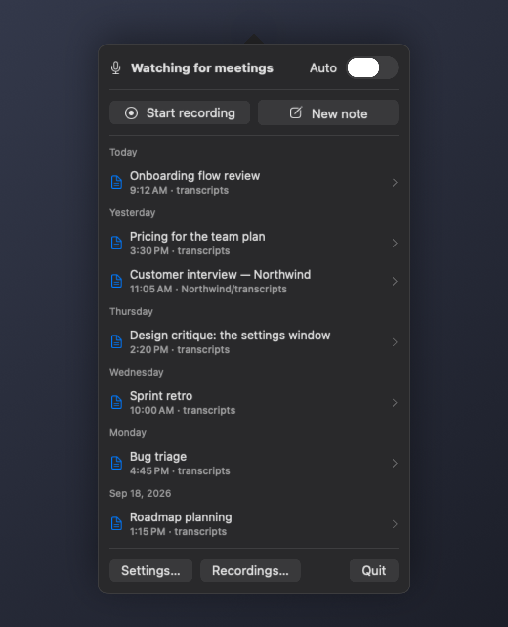 The Transcripts menu at rest: Watching for meetings, Start recording, and recent recordings
