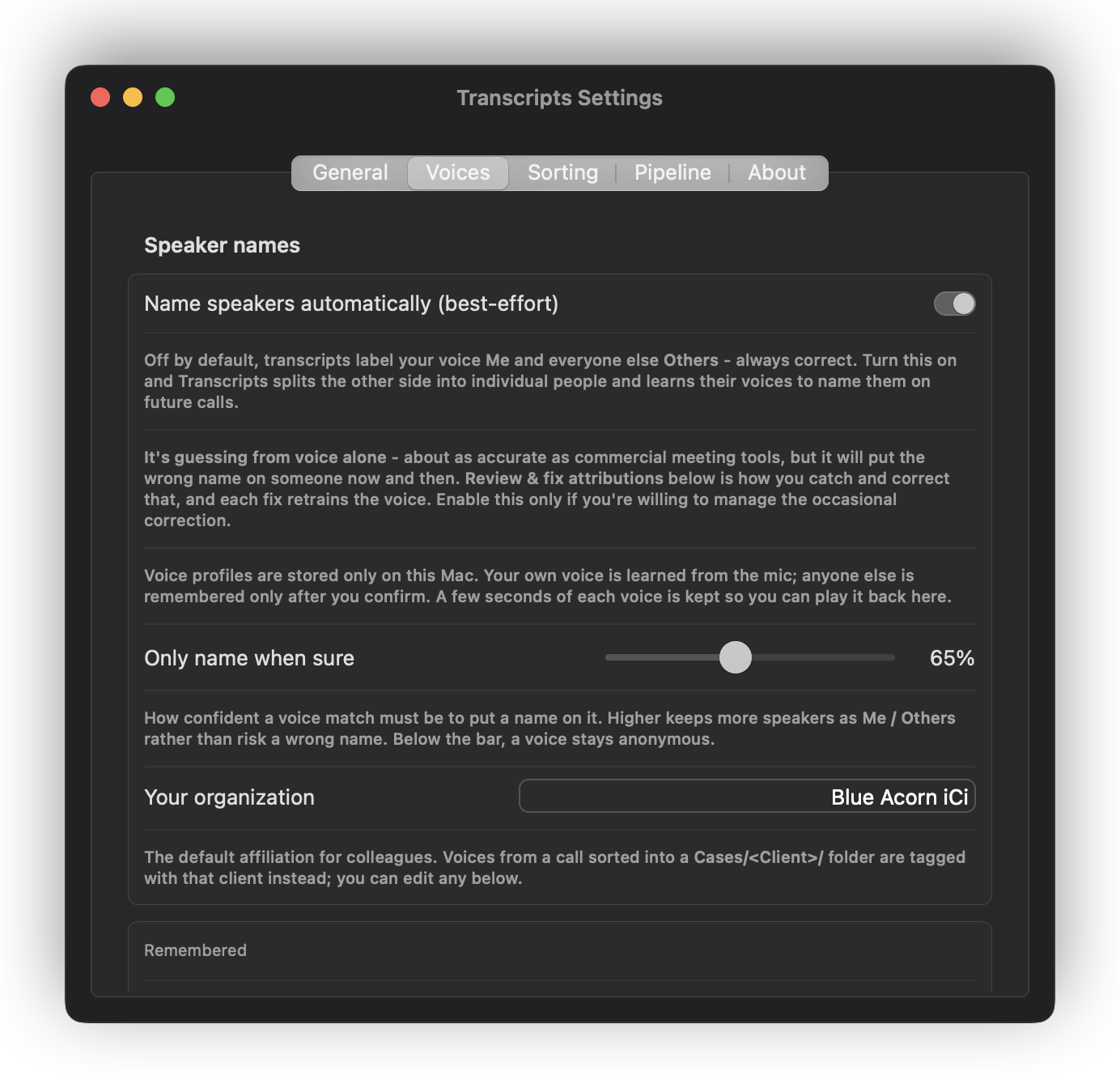 The Voices settings pane, showing recognised speakers
